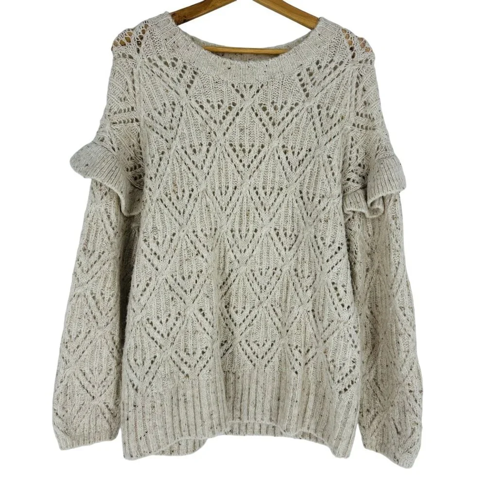 Old Navy Beige Ruffle Trim Pointelle Crew Neck Long Sleeve Cozy Knit Sweater L - Picture 4 of 10